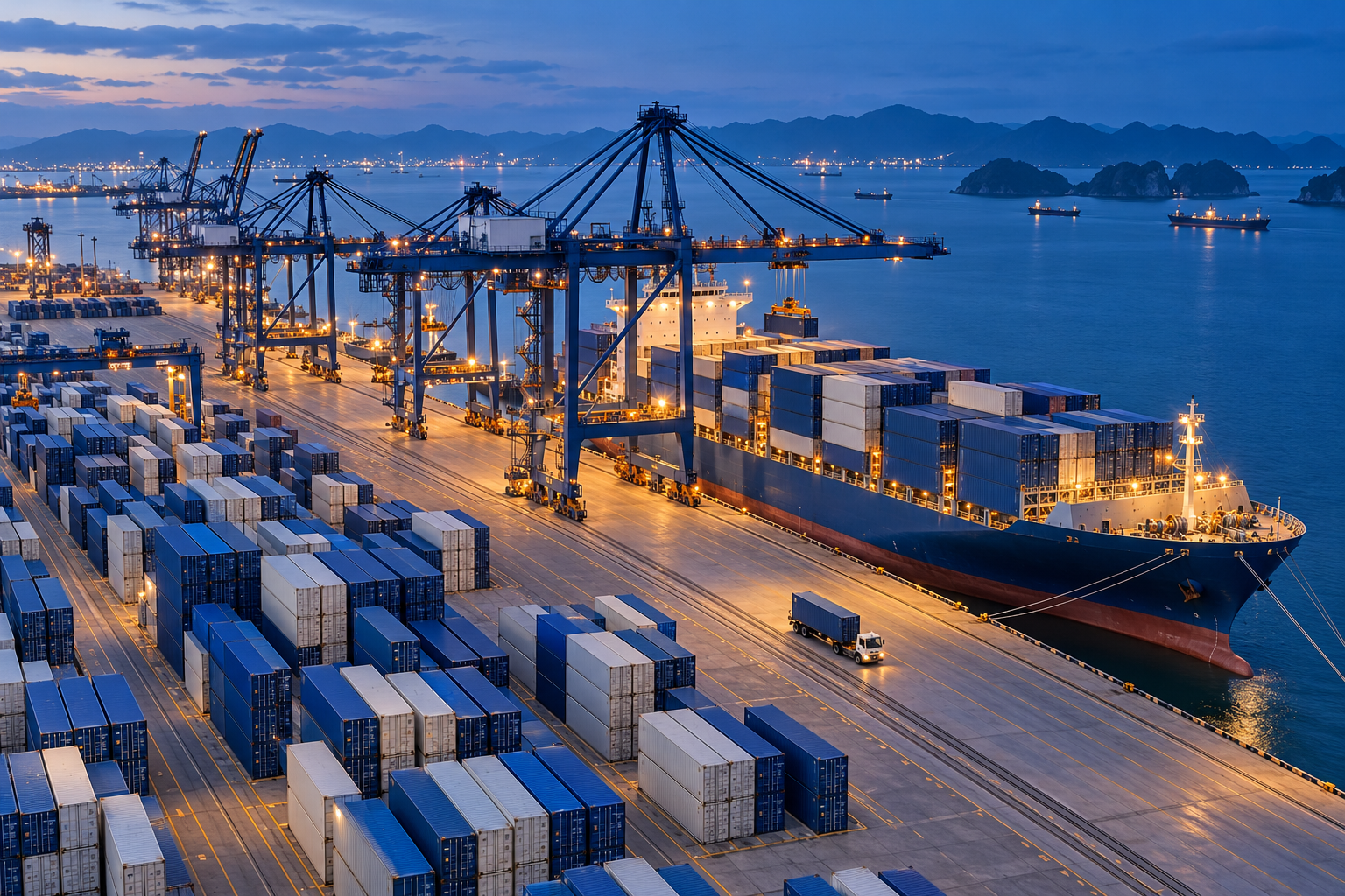 Cảng container với tàu hàng và hệ thống cẩu bên bờ biển